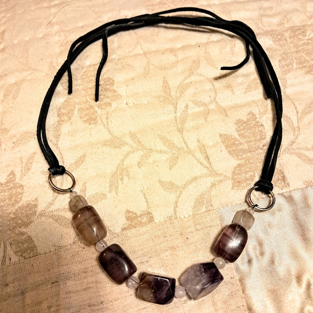 Juicy Fluorite & Amethyst Stone Necklace On Black Leather Cord